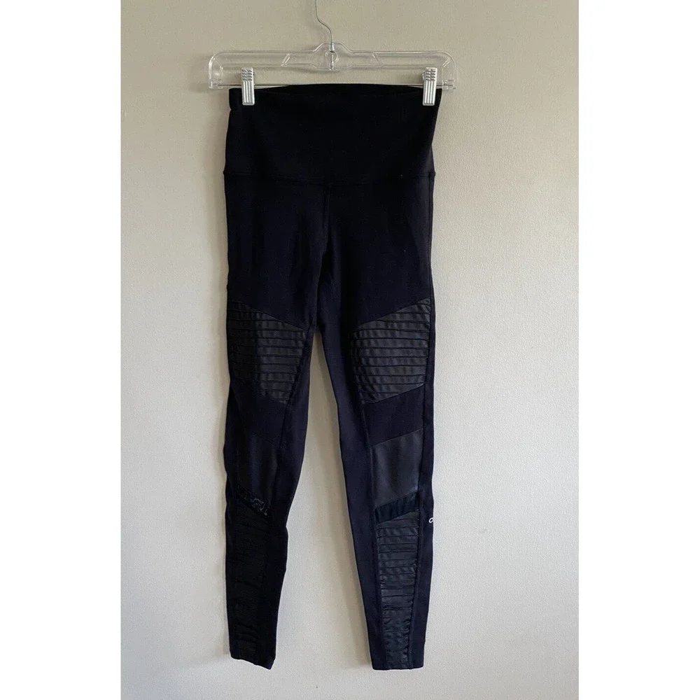 Alo Yoga High-Waist Moto Legging Size S Black Glossy Faux Leather Mesh Panels